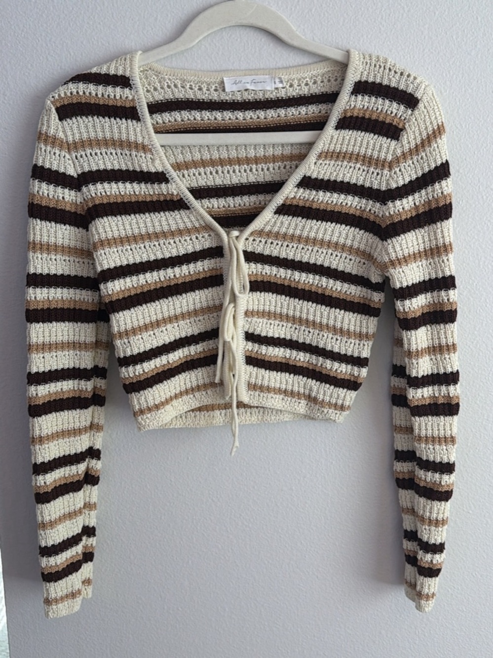 All in Favor Striped Tie-Front Knit Crop Top - Cream, Brown & Tan